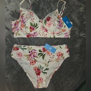 BNWT Cupshe Floral Bikini Pink & Green, Feminine, Lace, Thick Band High Waisted